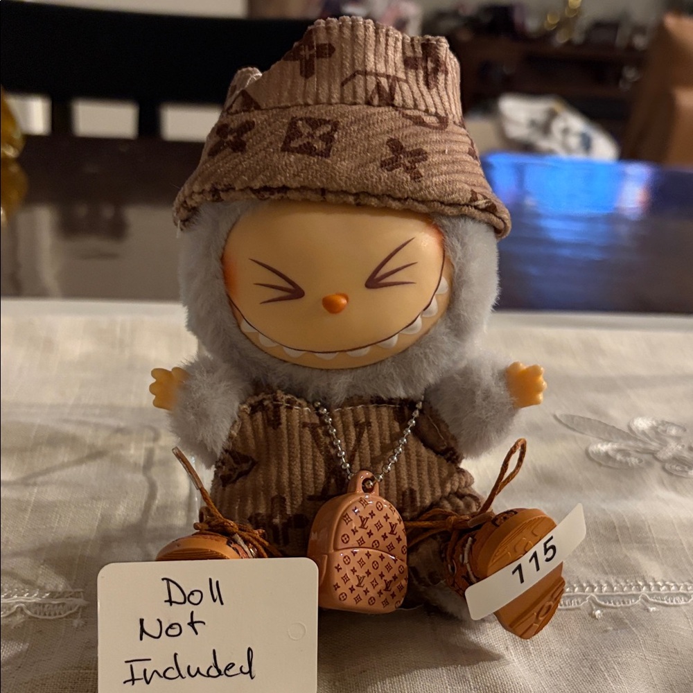 115, 4 Piece Brown LV Theme Outfit with Accessory For Labubu Doll(No Doll)